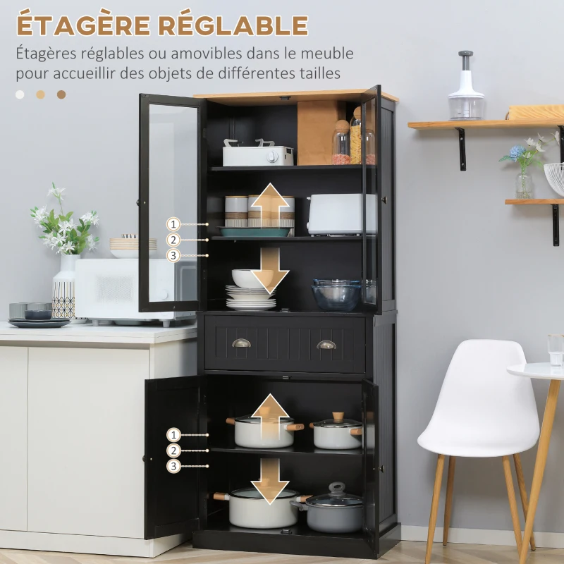 HOMCOM Buffet meuble cuisine rangement armoire de cuisine 4 portes dont 2 portes vitrées et 1 tiroir étagères réglables - noir