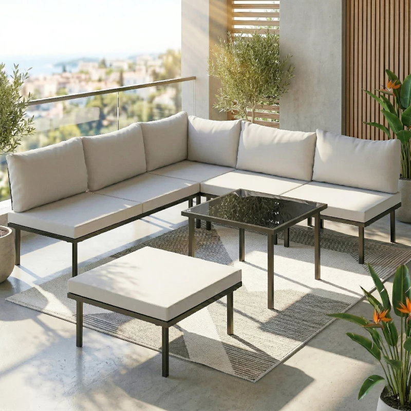 Outsunny Salon de jardin extérieur d'angle modulable 6 personnes, table basse avec plateau en verre trempé, gris clair