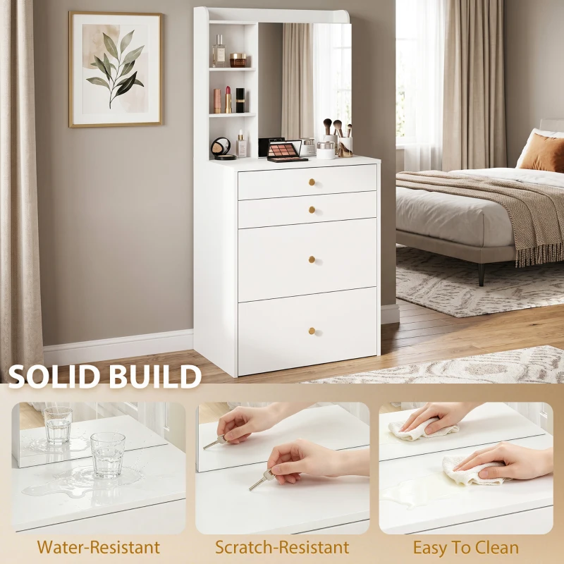 HOMCOM Dressing Table with Mirror and Mobile Storage Stool, Compact Vanity Table with Cabinet, Drawers, Open Shelves, White