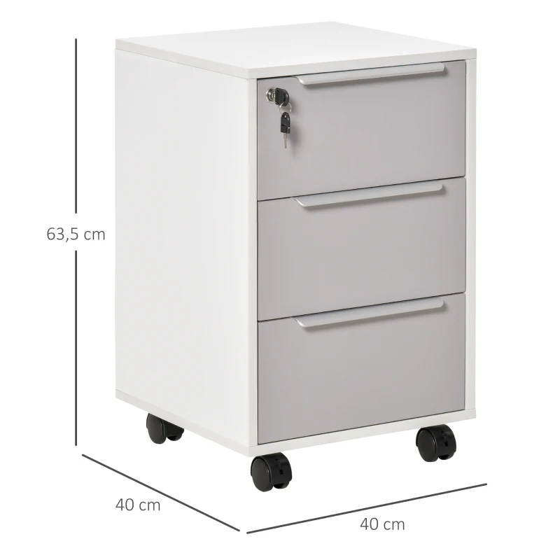 HOMCOM Schedario per Ufficio a 3 Cassetti con Chiavi di Sicurezza e 4 Ruote, in Legno, 40x40x63.5 cm, Bianco e Grigio