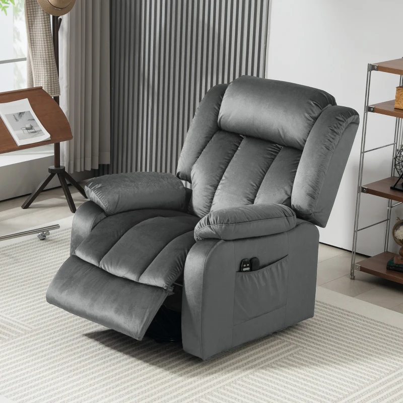 HOMCOM Aufstehsessel mit Massagefunktion und Lendenheizung, Recliner-Sessel mit Fernbedienungen und Seitentaschen, Grau
