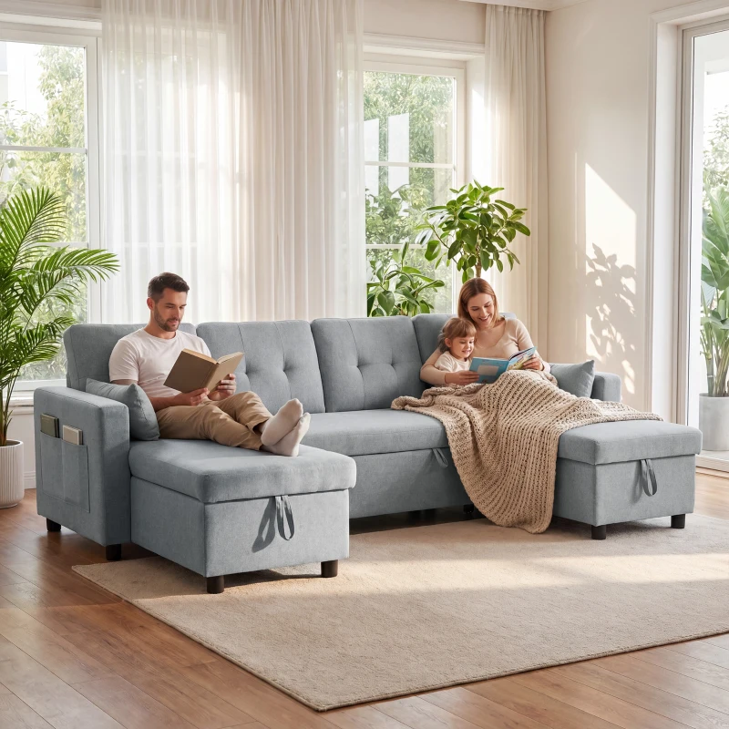 HOMCOM Ecksofa mit Schlaffunktion und Bettkasten U-Form 4-Sitzer Sofa mit Chaiselongue, verstellbarer Rückenlehne, Leinenoptik