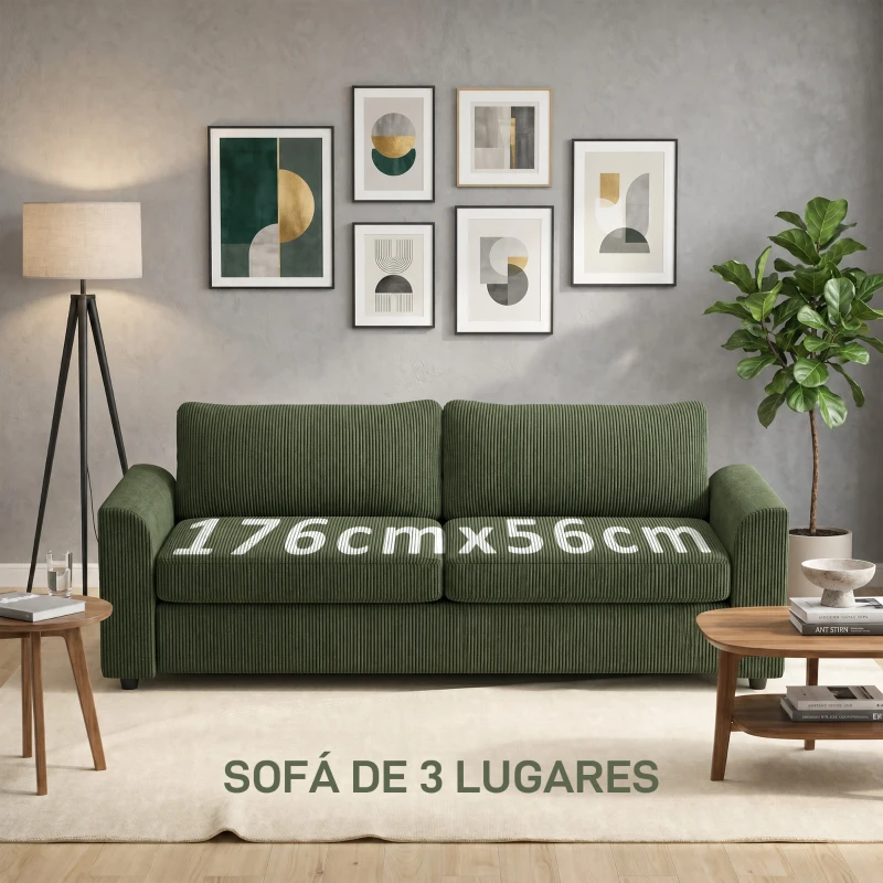 HOMCOM Sofá de 3 Plazas Tapizado en Pana con 2 Almohadas Reposabrazos y Cojín de Muelles 212x80x88 cm Verde