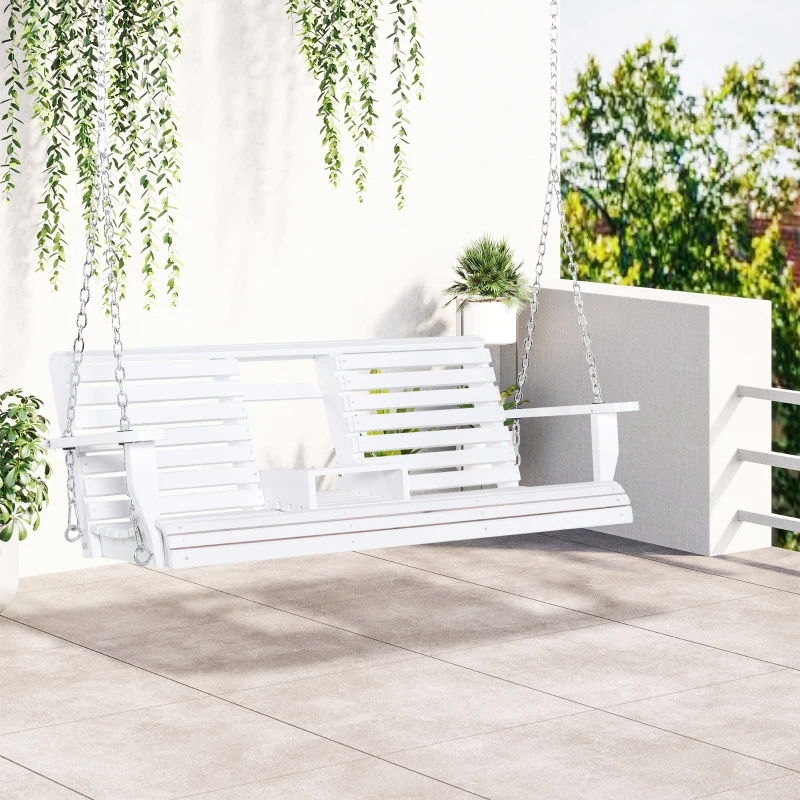 Outsunny Dondolo 3 Posti da Esterno con Tavolino Centrale e Portabicchieri, in Legno e Metallo, 150x75x53 cm, Bianco