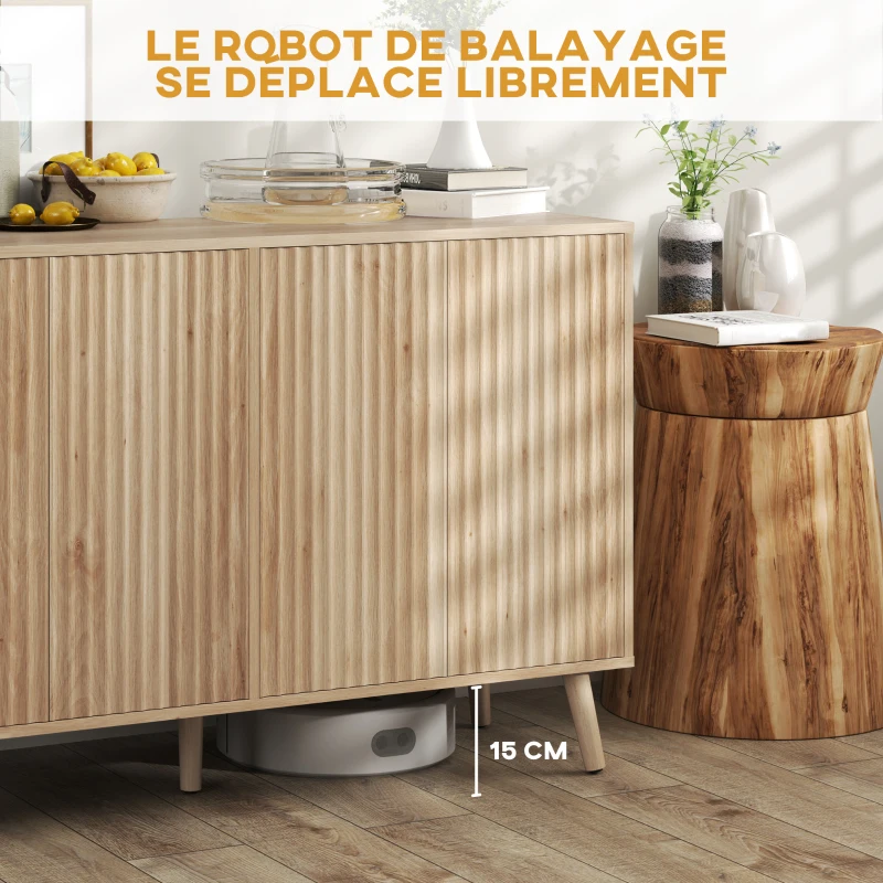 HOMCOM Buffet salon, meuble de rangement avec 4 portes cannelés à ouverture par pression 120 x 35 x 77,5 cm, chêne