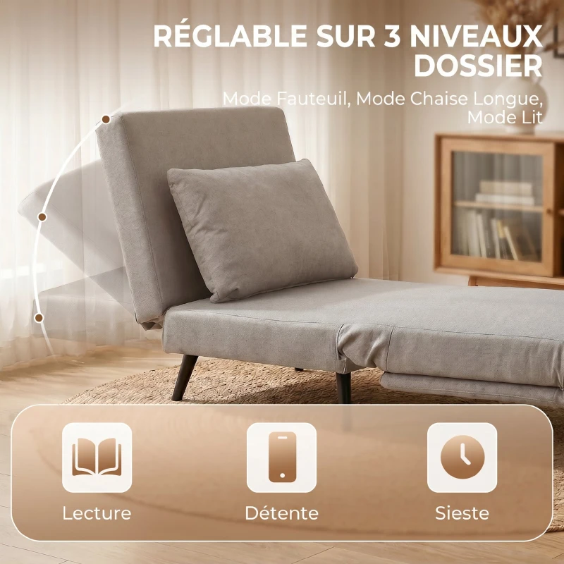 HOMCOM Fauteuil Convertible 1 Place, Fauteuil-Lit Clic-Clac 3 en 1 avec Dossier Réglable, Oreiller, Assise Large, Marron Clair