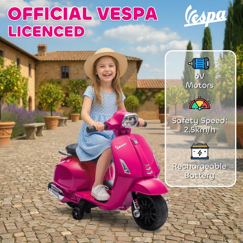AIYAPLAY Moto Elettrica per Bambini Licenza Vespa, Batteria Ricaricabile 6V, Rotelle e Luci, Età 2-4 Anni, Rosa
