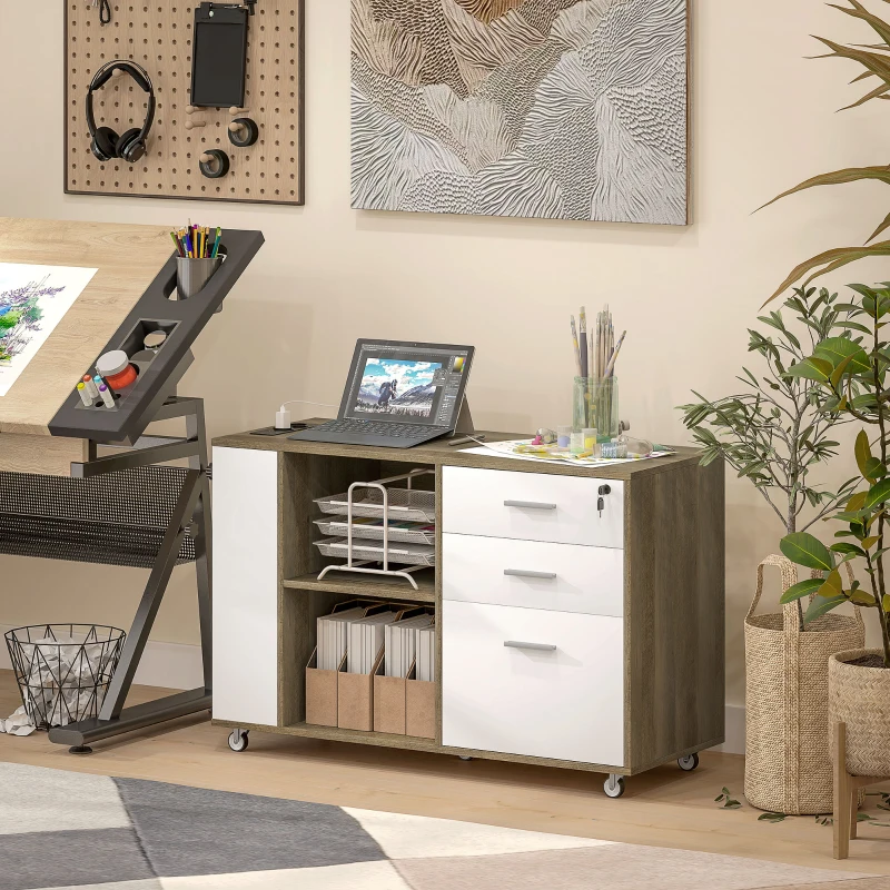 HOMCOM Mueble Archivador con Ruedas 3 Cajones Estación de Carga Cerradura y Estantes 100x40x65,5 cm Marrón Grisáceo