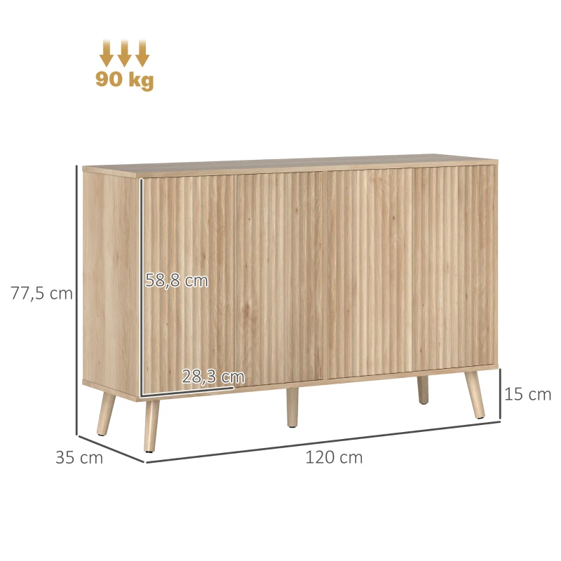 HOMCOM Buffet salon, meuble de rangement avec 4 portes cannelés à ouverture par pression 120 x 35 x 77,5 cm, chêne