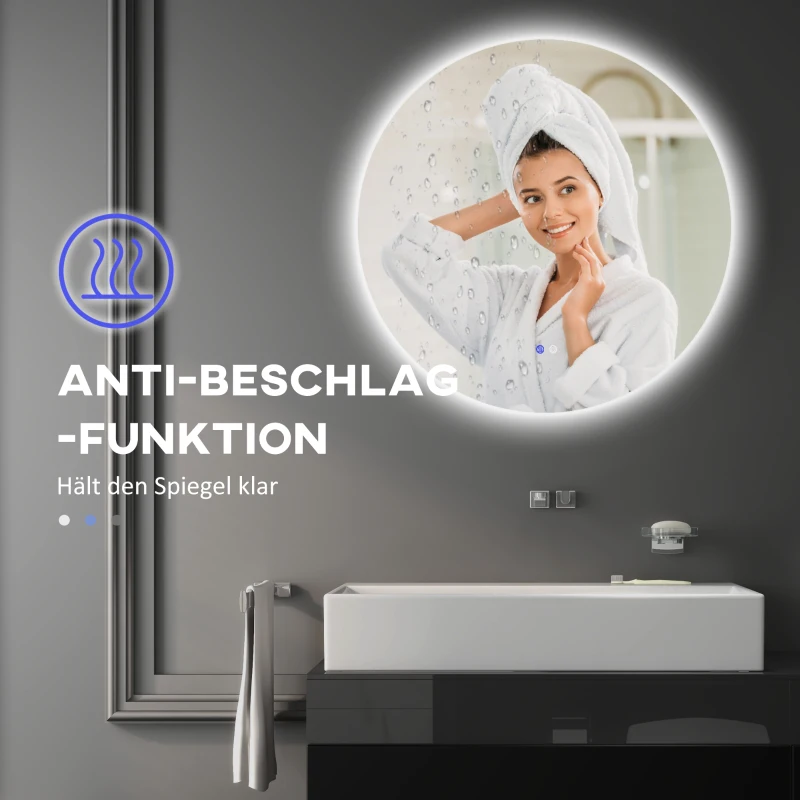 kleankin Runder LED-Wandspiegel, Touch-Schalter, Farbwechsel 3000K-6500K, Antibeschlag, Ø 70 cm, Weiß/Silber