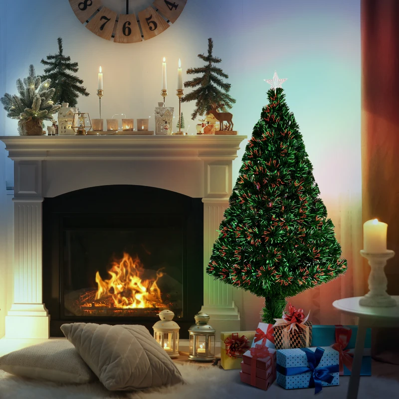 HOMCOM Árbol de Navidad 120cm Artificial Árboles de Abeto con Soporte Fibra Óptica Brillante LED Multicolor Ignífugo