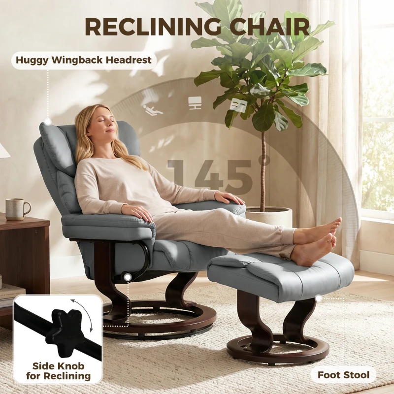 HOMCOM Draaibare relaxfauteuil met voetenbank, hoge rugleuning, hoogwaardig schuim, houten basis, lichtgrijs