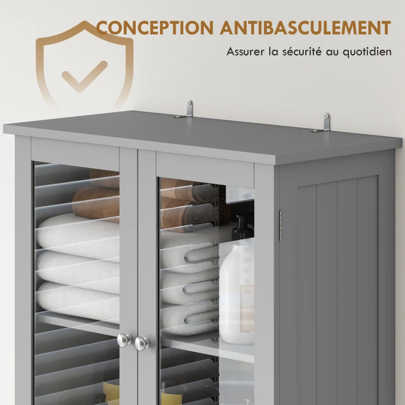 HOMCOM Meuble de salle de bain haut, meuble de rangement avec 4 portes dont 2 vitrées, 2 tiroirs et étagères réglables, gris
