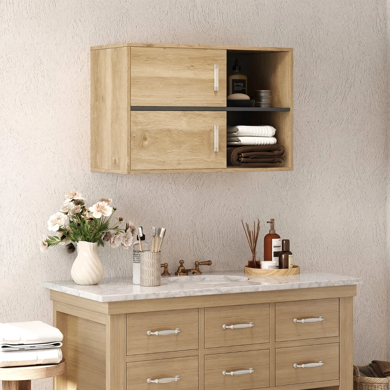 HOMCOM Armario de Baño de Pared con Compartimentos Abiertos y 2 Puertas Mueble de Baño Moderno 80x35x57,5 cm Natural