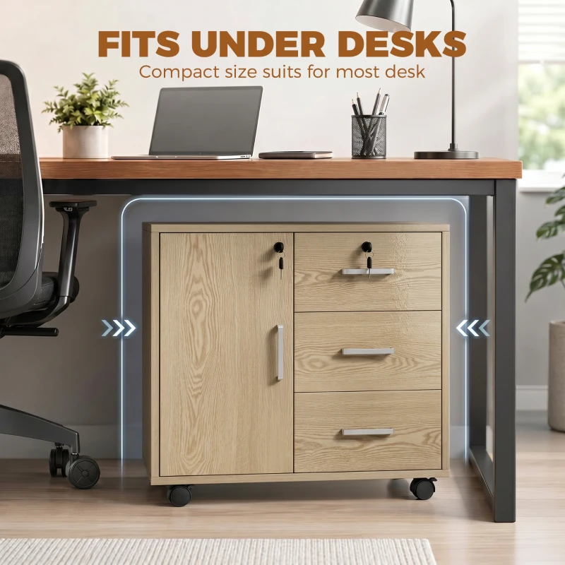 HOMCOM Caisson bureau meuble de rangement verrouillable avec 3 tiroirs et étagère réglable, roulettes, 40 x 60 x 56 cm, marron clair