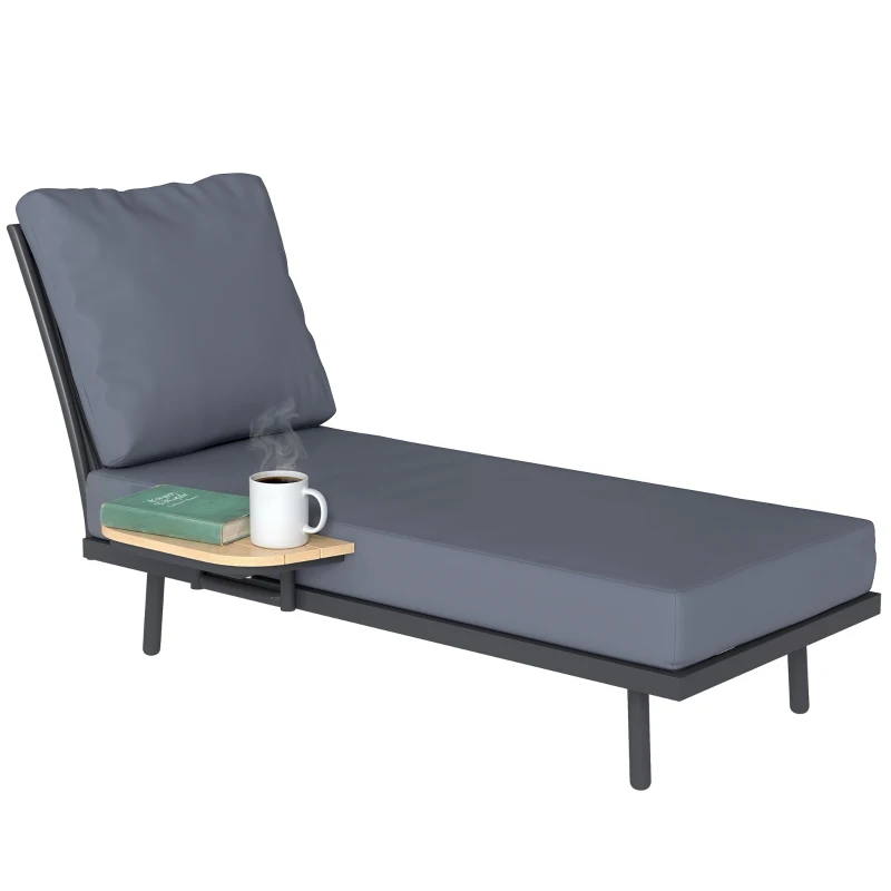 Outsunny Chaise Longue de Jardin avec Coussins Lavables en Oléfine et Étagère Latérale, Cadre en Métal, 58x137x75cm, Gris