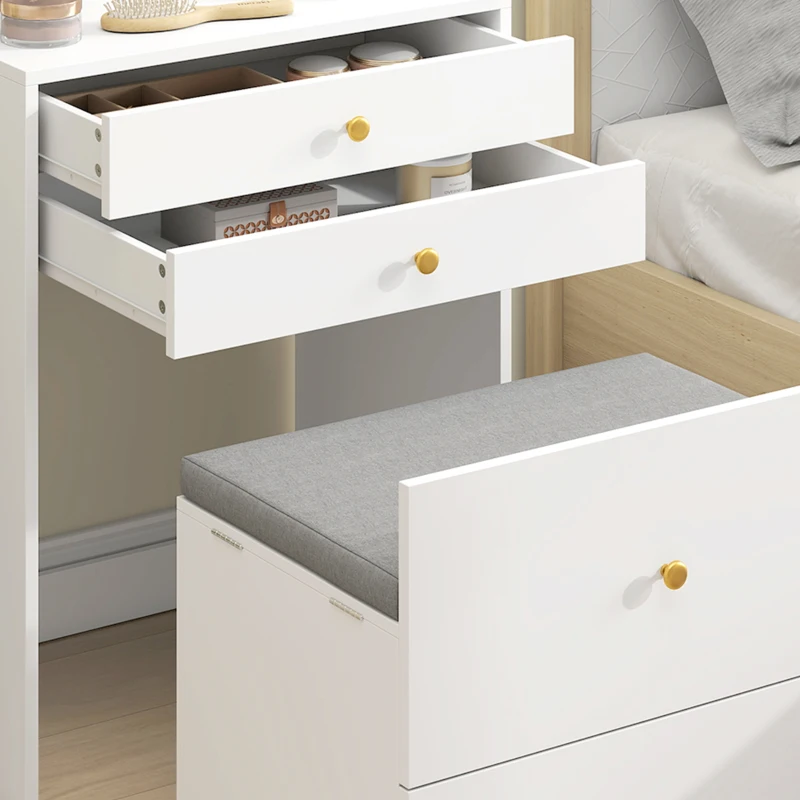 HOMCOM Dressing Table with Mirror and Mobile Storage Stool, Compact Vanity Table with Cabinet, Drawers, Open Shelves, White
