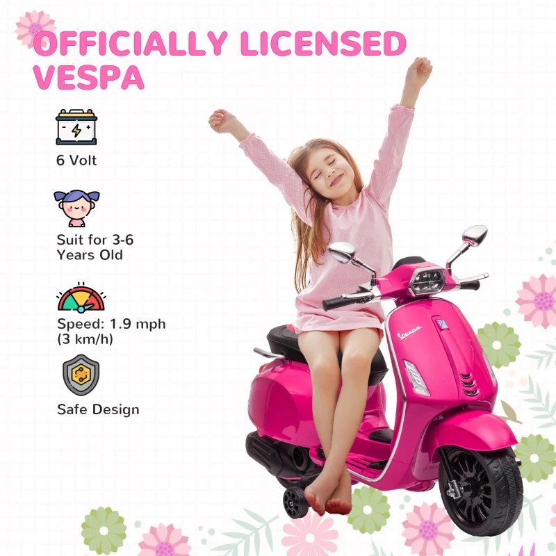 AIYAPLAY Moto Elettrica per Bambini a Licenza Vespa con Rotelle, Fanale e Musica, in PP e Metallo, 107x47x73 cm, Rosa