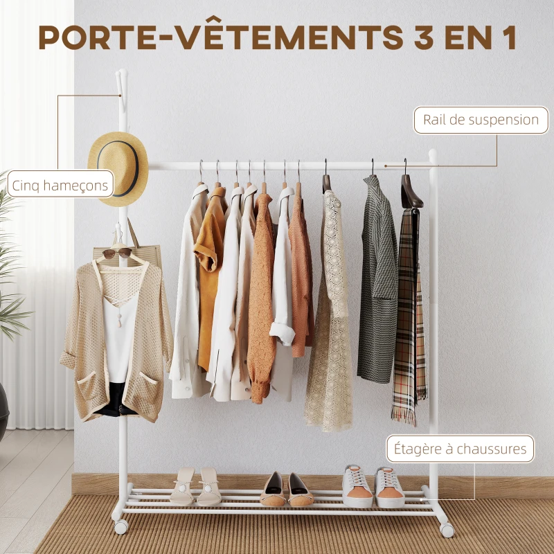 HOMCOM Portant à vêtements, porte-manteau sur roulettes avec étagère à chaussures et 5 crochets, 120 x 43 x 171 cm, blanc