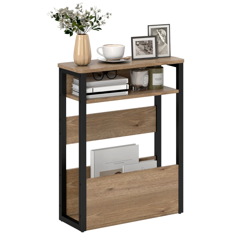 HOMCOM Mesa Auxiliar Mesita de Noche con Estante de Dos Niveles Esquinas Redondeadas 46L x 18P x 58,5H cm Nogal