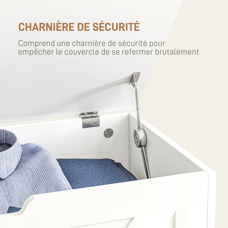 HOMCOM Coffre de rangement, banc de rangement avec couvercle rabattable et charnières de sécurité, 80 x 40 x 45 cm, blanc