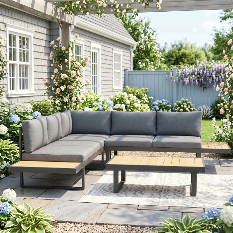 Outsunny Ensemble salon de jardin d'angle design 5 places coussins table basse alu. gris anthracite et imitation bois
