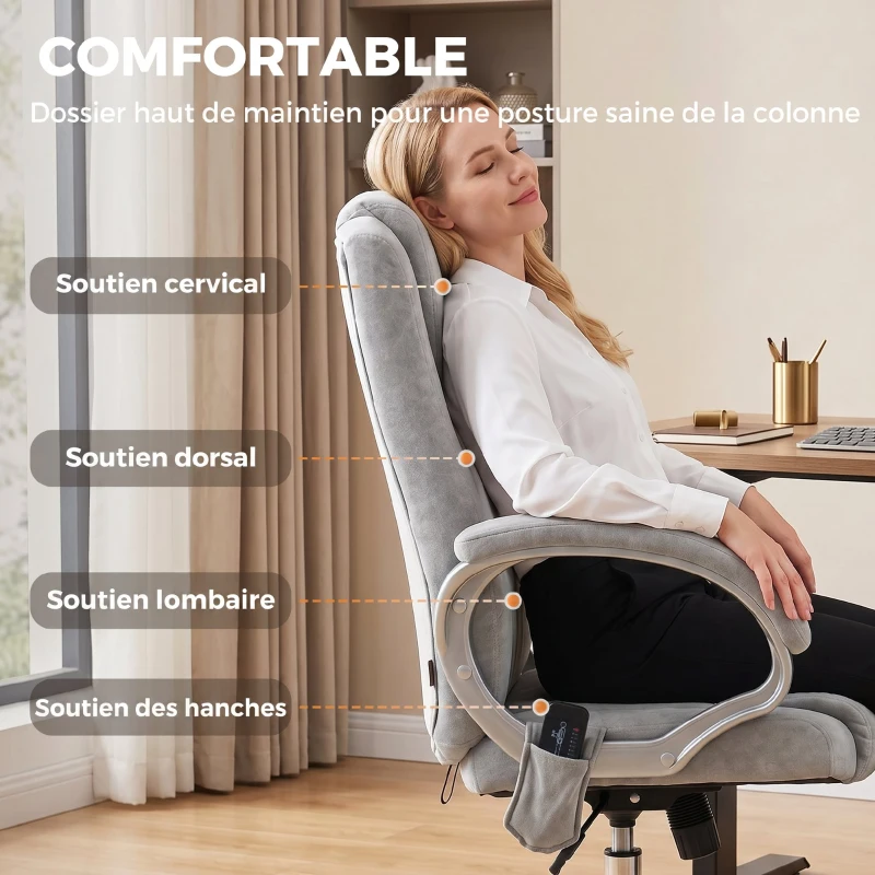 HOMCOM Fauteuil de Bureau Massant et Chauffant, Chaise de Bureau Ergonomique, Hauteur et Accoudoirs Réglables, Gris