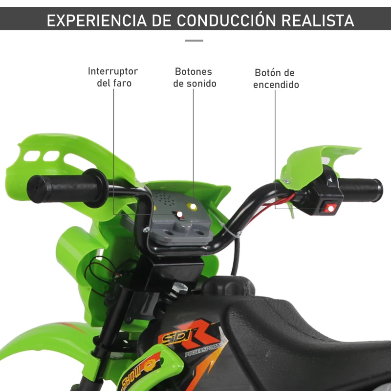HOMCOM Moto Eléctrica para Niños con Ruedas de Apoyo Desmontables Faros y Música para Niños 3-6 Años Verde