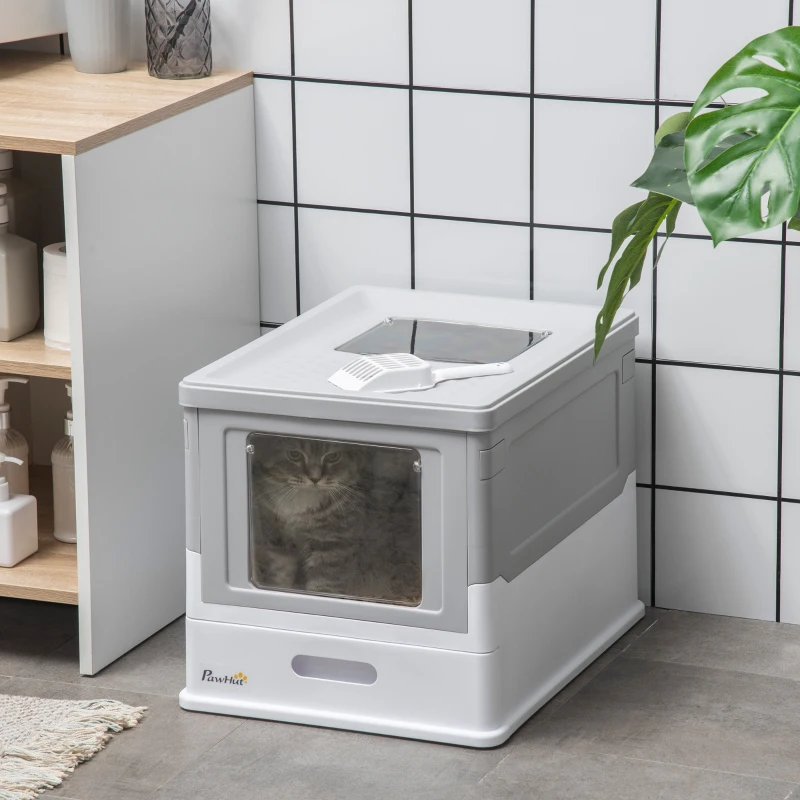 PawHut Arenero Cubierto para Gatos Desmontable con Entrada Frontal y Salida Superior con Pala 47,5x35,5x36,7 cm Gris y Blanco