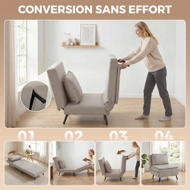 HOMCOM Fauteuil Convertible 1 Place, Fauteuil-Lit Clic-Clac 3 en 1 avec Dossier Réglable, Oreiller, Assise Large, Marron Clair