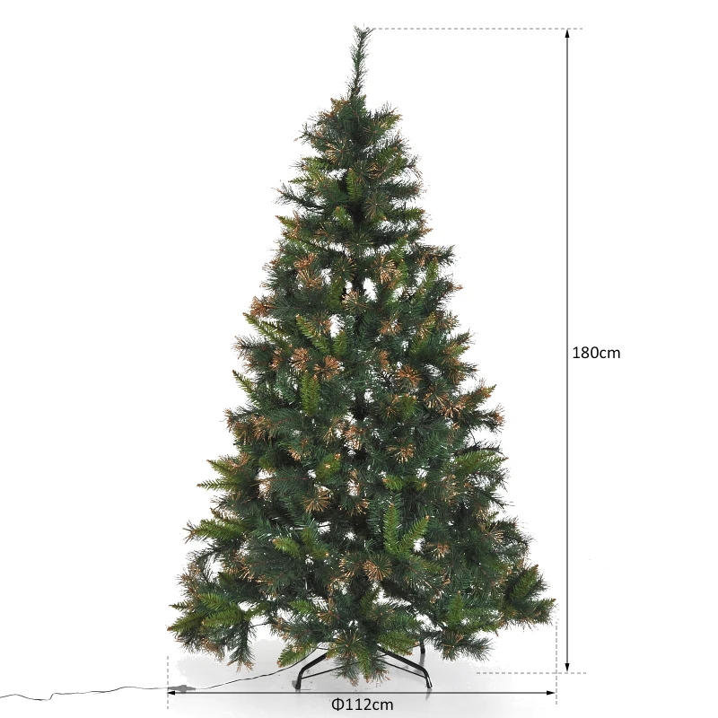 HOMCOM Sapin de Noël artificiel lumineux 200 LED blanc chaud Ø 112 x 180H cm 616 branches épines imitation Nordmann grand réalisme vert et brun