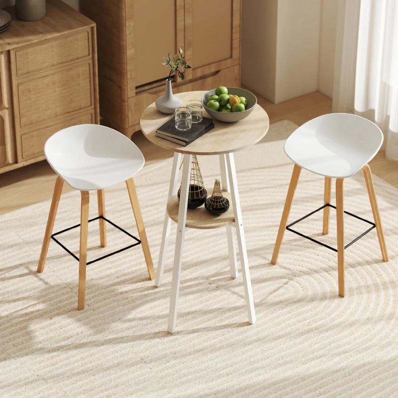 HOMCOM Masă Înaltă Rotundă cu Raft, Masă Modernă pentru Bucătărie sau Dining, PAL, Metal, Lemn Natural și Alb