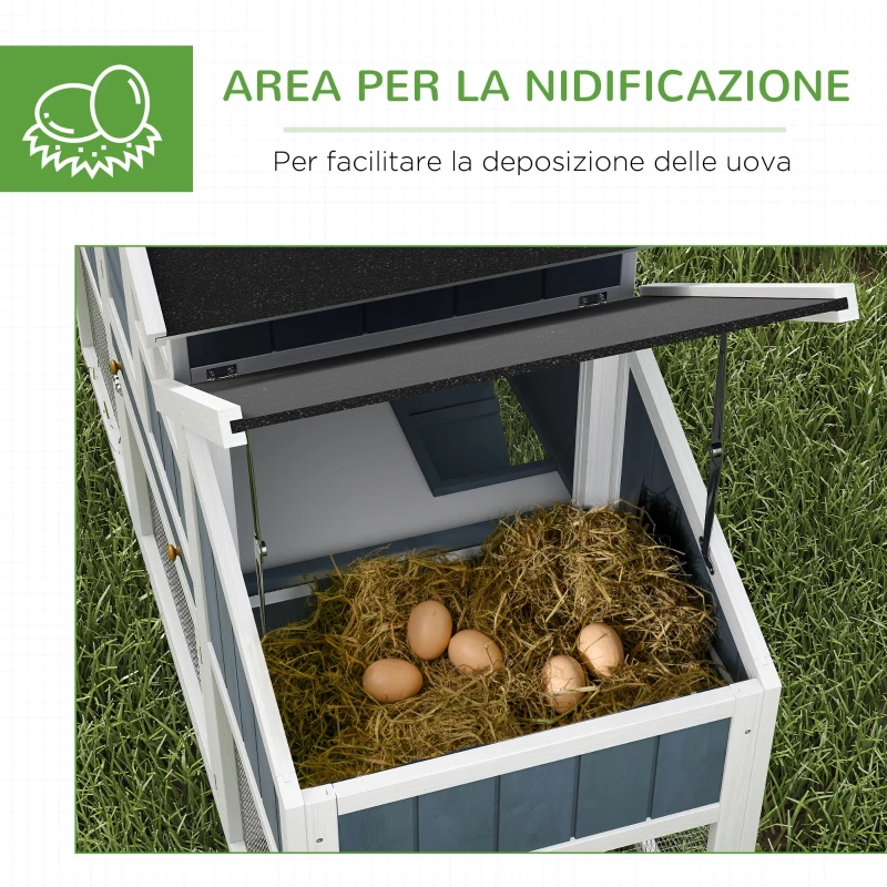 PawHut Pollaio Prefabbricato in Legno con Area Aperta, Casetta e Nido, 161.5x62.5x115cm, Grigio