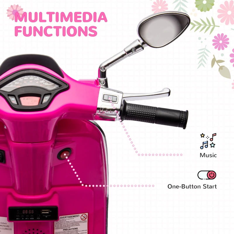 AIYAPLAY Moto Elettrica per Bambini a Licenza Vespa con Rotelle, Fanale e Musica, in PP e Metallo, 107x47x73 cm, Rosa