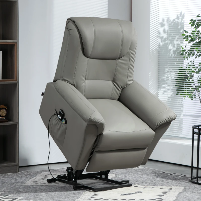 HOMCOM Relaxsessel mit Aufstehhilfe, Massage, Heizung, Kunstleder, 93x95x106 cm, Hellgrau