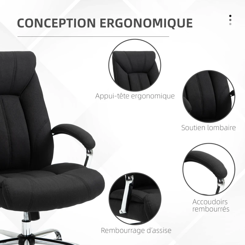 Vinsetto Fauteuil de bureau, chaise de bureau ergonomique, hauteur réglable, dossier haut, fonction de bascule, 65x78x118cm, noir