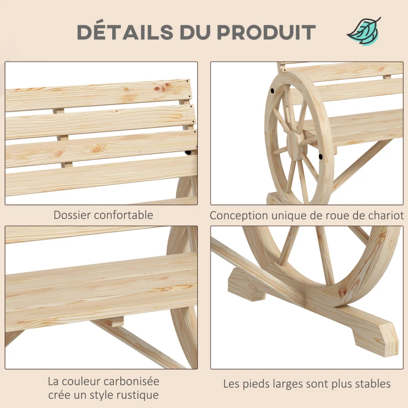 Outsunny Banc de Jardin banc 3 places en bois Style Rustique Chic accoudoirs Roues Charette Bois Sapin effet bois naturel
