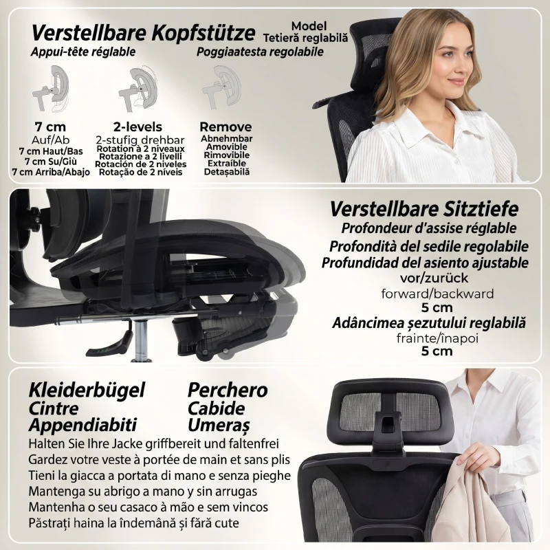 HOMCOM Scaun de Birou Ergonomic din Plasă cu Cotiere, Tetieră, Spătar Reglabil, Funcție Legănare, Negru