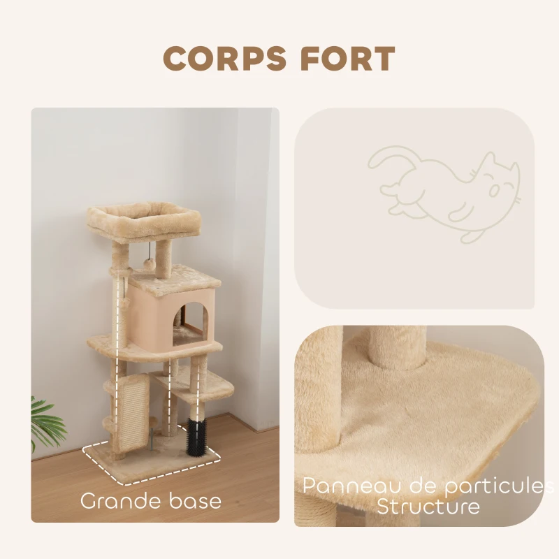 PawHut Arbre à Chat, Tour de Jeux, Hauteur de 104 cm, avec Lit, Maison, Brosse de Toilettage, 44l x 34P x 104H cm, Beige