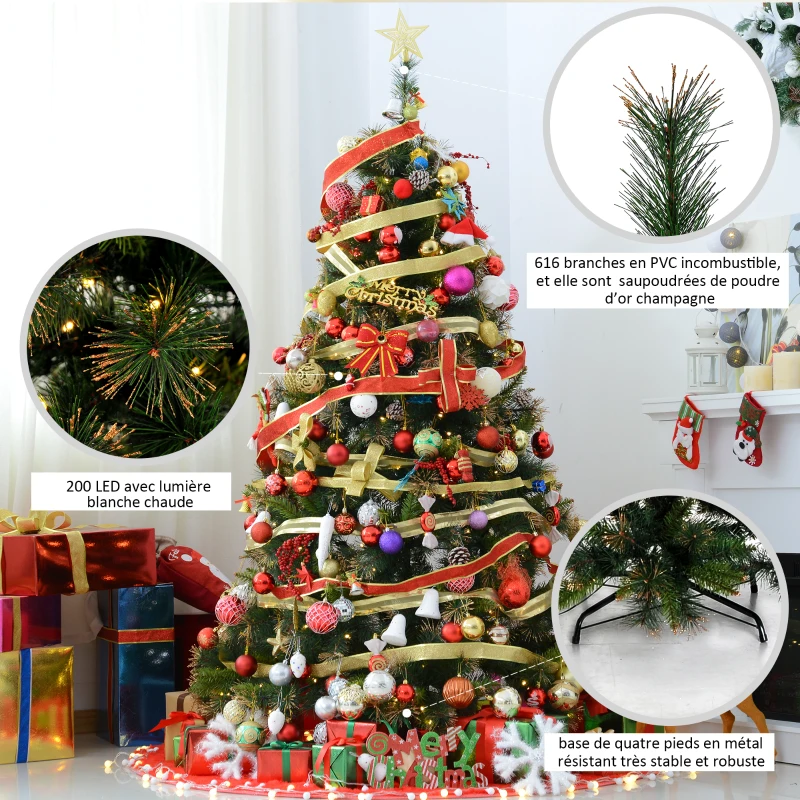 HOMCOM Sapin de Noël artificiel lumineux 200 LED blanc chaud Ø 112 x 180H cm 616 branches épines imitation Nordmann grand réalisme vert et brun