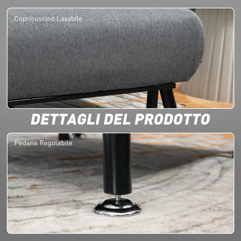 HOMCOM Poltrona Letto con Schienale Regolabile in 5 Posizioni, Tessuto Effetto Lino e Acciaio, 75x70x75 cm, Grigio