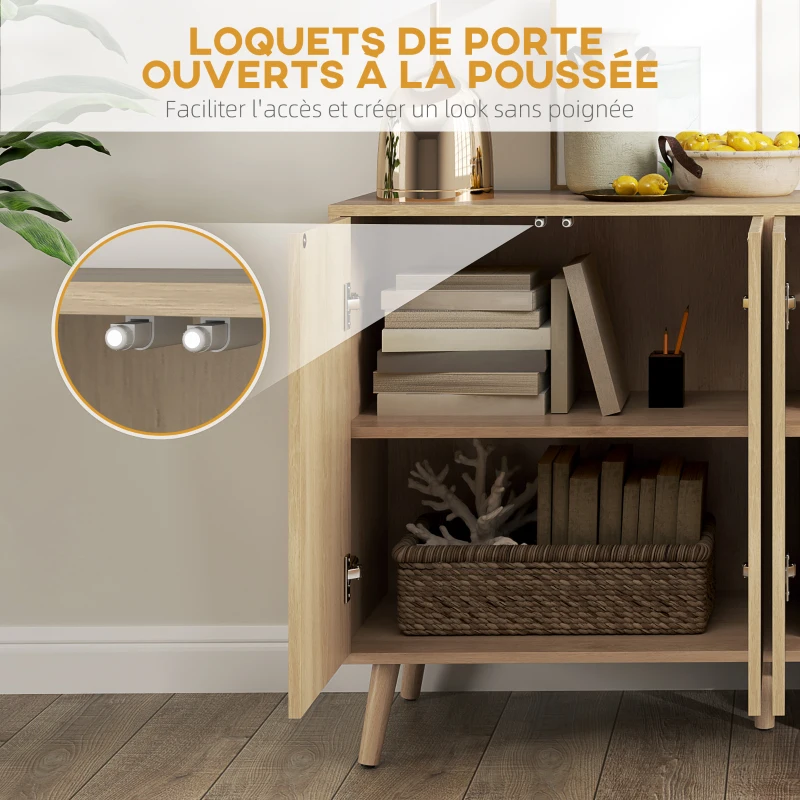 HOMCOM Buffet salon, meuble de rangement avec 4 portes cannelés à ouverture par pression 120 x 35 x 77,5 cm, chêne