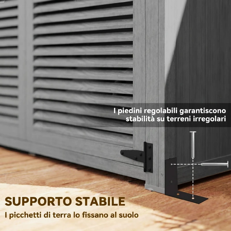 Outsunny Armadio da Giardino con 2 Porte a Persiana, 2 Ripiani, 2 Maniglie e Tetto Impermeabile, 127x65x168 cm, Grigio