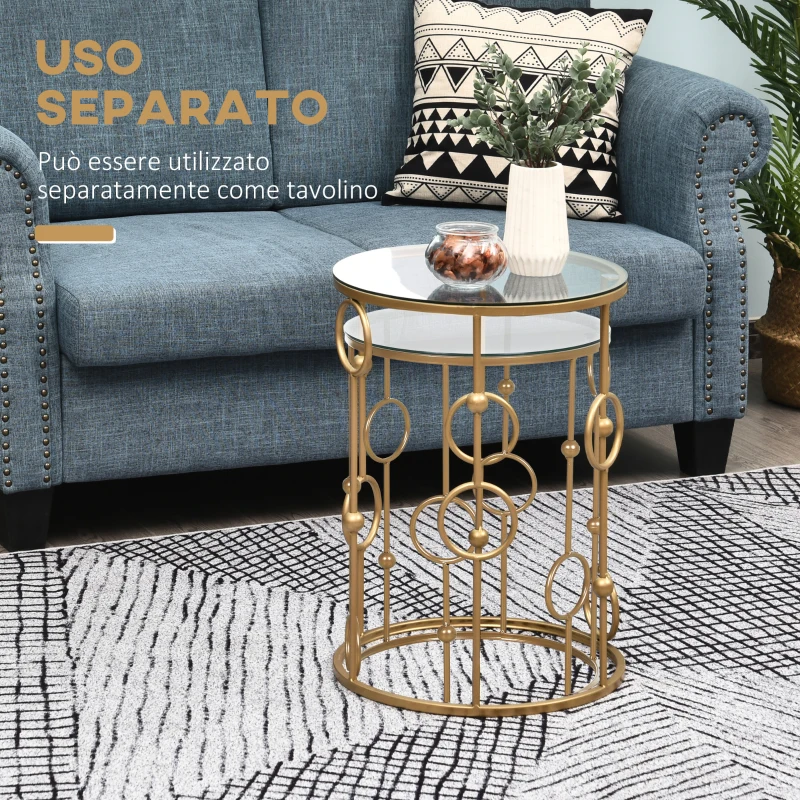HOMCOM Set 2 Pezzi Tavolini da Caffè Design Elegante con Motivi a Cerchio, Metallo e Vetro Temperato Φ41x57cm & Φ36x51cm, Oro
