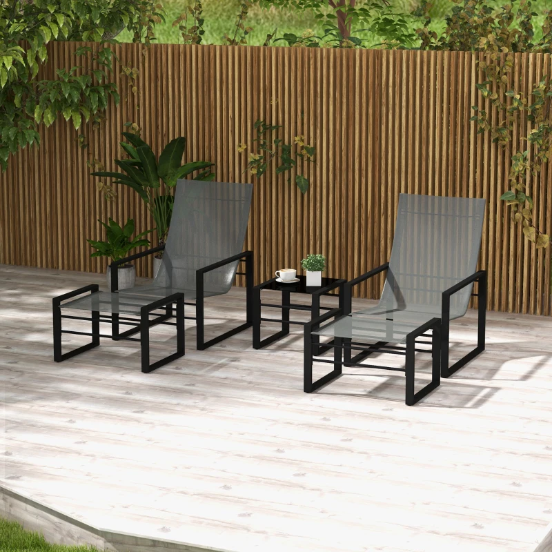 Outsunny Salon de jardin 5 pièces 2 places avec 2 fauteuils, 2 repose-pied et 1 table, métal noir, assise tissu mesh gris