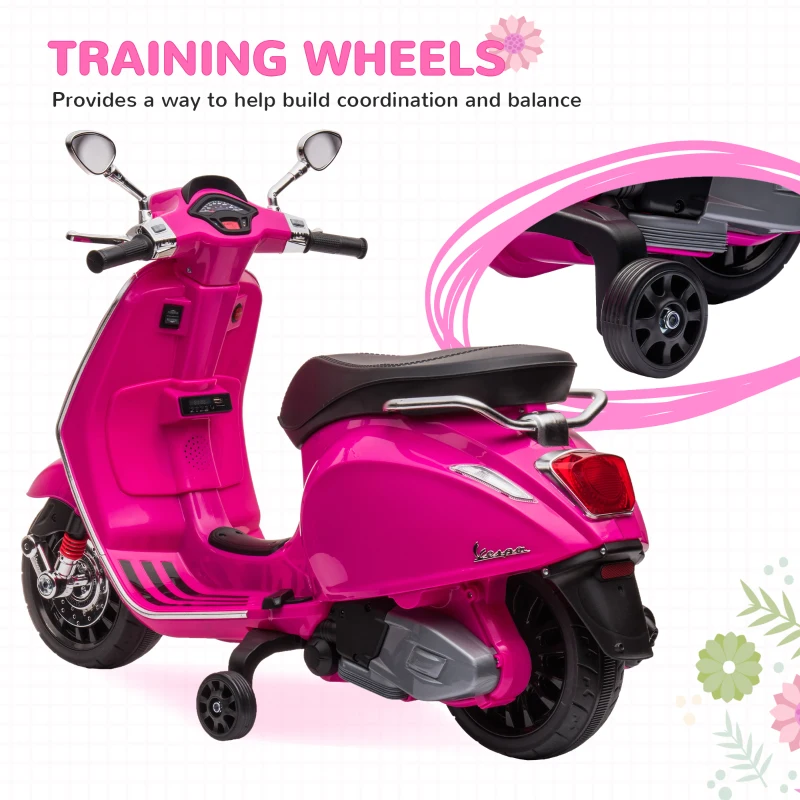 AIYAPLAY Moto Elettrica per Bambini a Licenza Vespa con Rotelle, Fanale e Musica, in PP e Metallo, 107x47x73 cm, Rosa