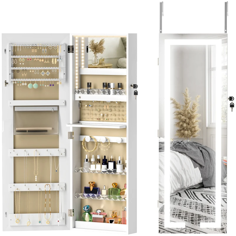 HOMCOM Armoire à bijoux avec LED, organisateur de bijoux mural/de porte verrouillable avec miroir, 37 x 10,5 x 108 cm, blanc