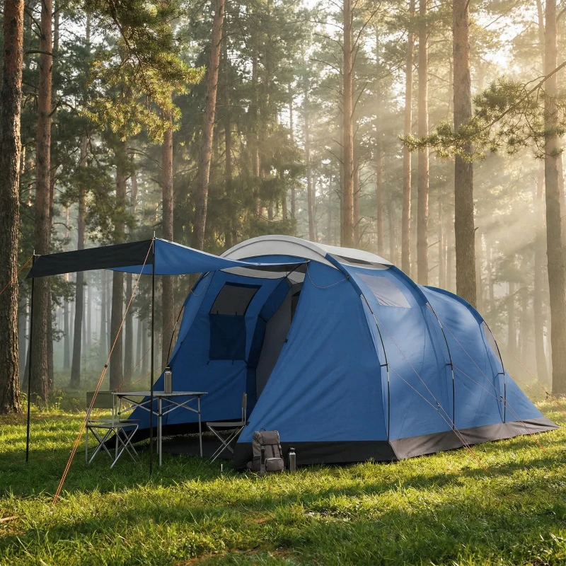 Outsunny Tente de Camping Tunnel pour 4 Personnes Imperméable 3000mm Double Couche Hauteur 190cm Bleu Foncé