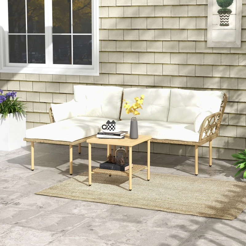 Outsunny Set da Giardino 3pz con Chaise Longue, Divanetto, Cuscini e Tavolino, in Rattan e Acciaio, Bianco Crema e Legno