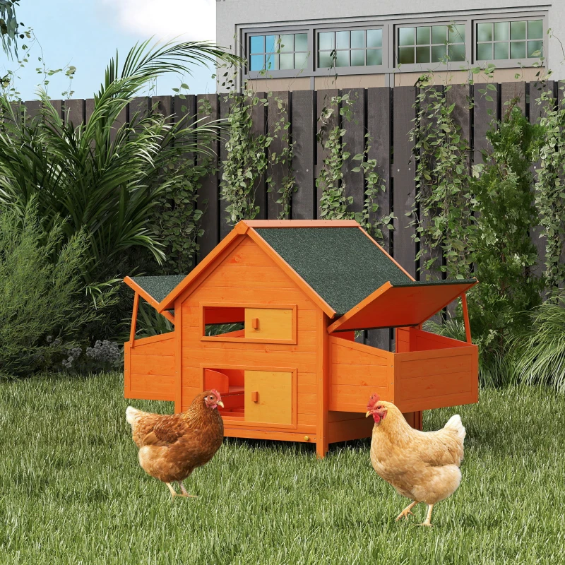 PawHut Pollaio per Galline da Esterno Grande in Legno di Abete 160x98.5x107cm, Casetta per 6 Galline Ovaiole con 2 Nidi Laterale, Tetto Impermeabile in Bitume e Vassoio Estraibile, Rosso Vino